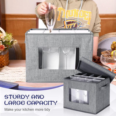 6 Pack Wine Glasses Storage Box With Dividers, 12 Compartments Stemware Storage Cases