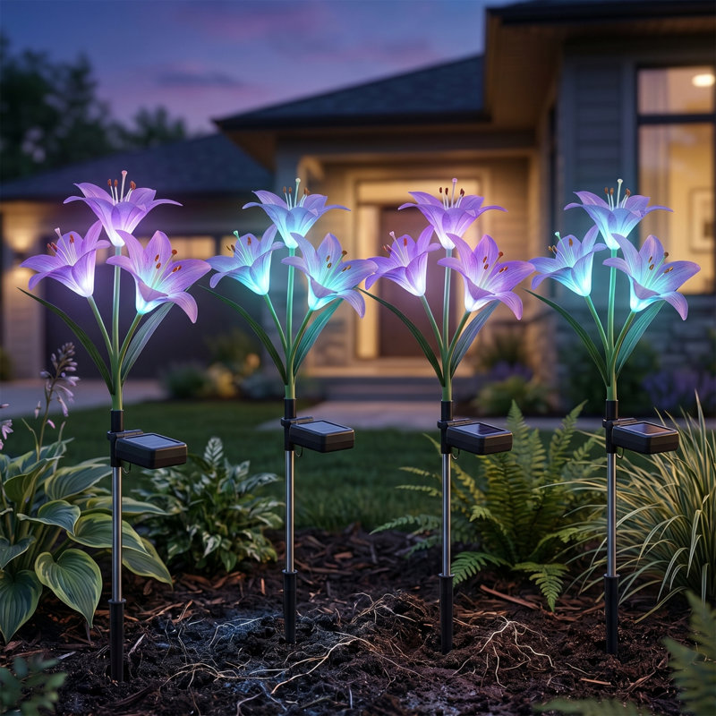 Paquet de 4 lumières de fleurs de lys solaires, 7 décorations de jardin extérieures changeantes, grand panneau, tiges et feuilles réglables IP65 imperméables