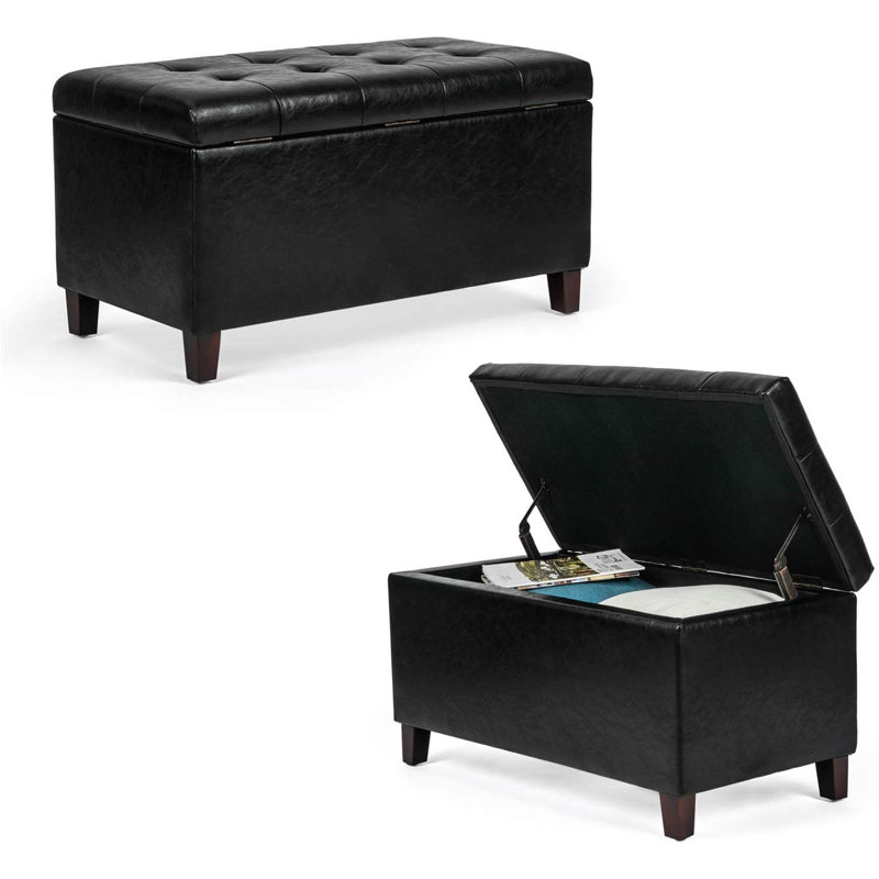 Michale Faux Leather Ottoman, Black Faux Leather, Espresso Wood