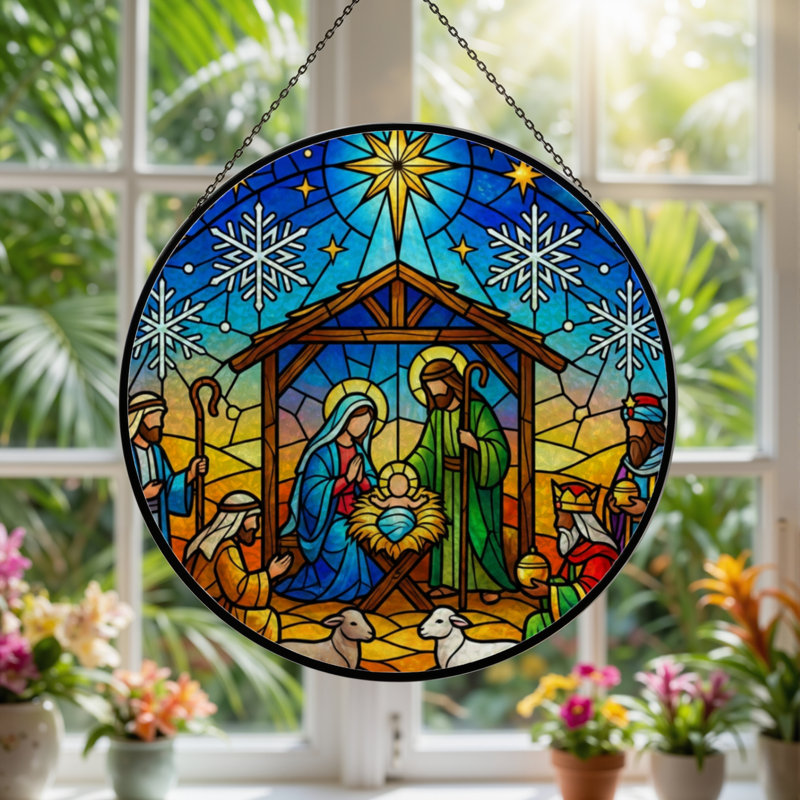 7.8"H Nativity Scene Stained Glass Window Panel, 7.8" H x 7.8" W