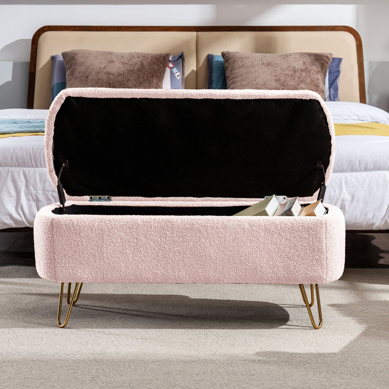 Charming Pink Storage Bench With Faux Fur And Stable Gold Leg Parts For Entryway Elegant Upholstery Patterns, Pink