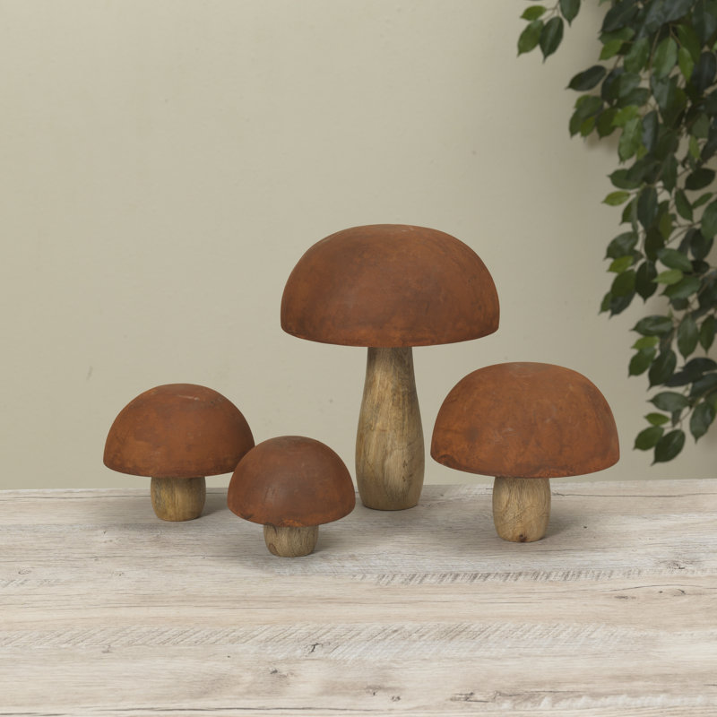 Ensemble de 4 figurines champignon rustique en métal et bois