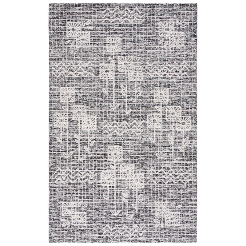 Hadwig Hand Tufted Wool/Cotton Floral Rug in Black/Ivory, Rectangle 4' x 6'