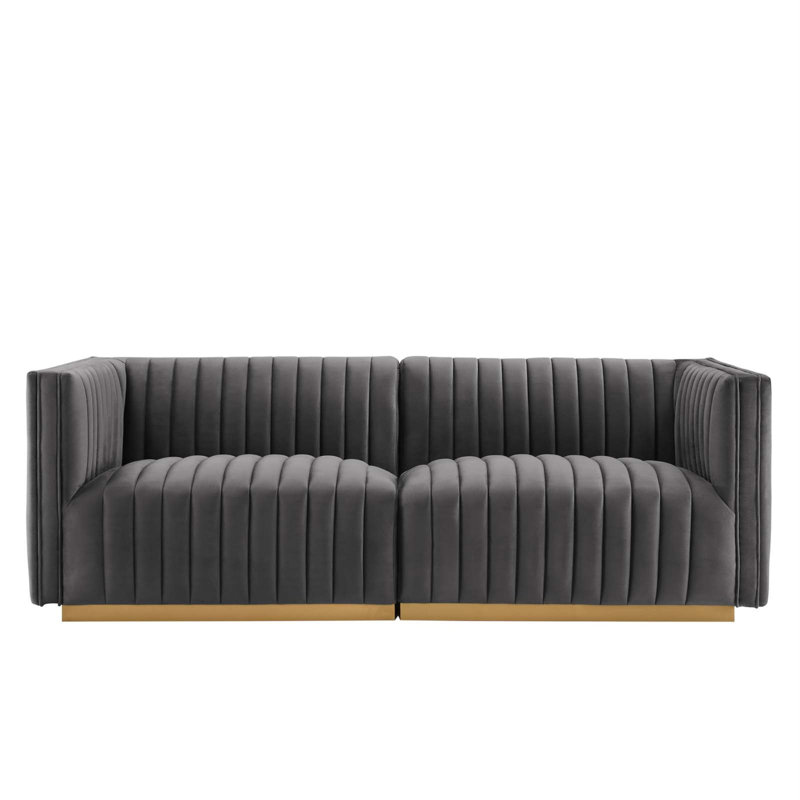Conjure Channel Tufted Loveseat, Gray Velvet, Gold