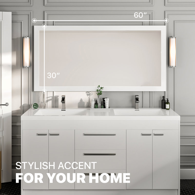 Schweitzer Modern & Contemporary Beveled Bathroom/Vanity Mirror, 31.61" H x 61.14" W, White