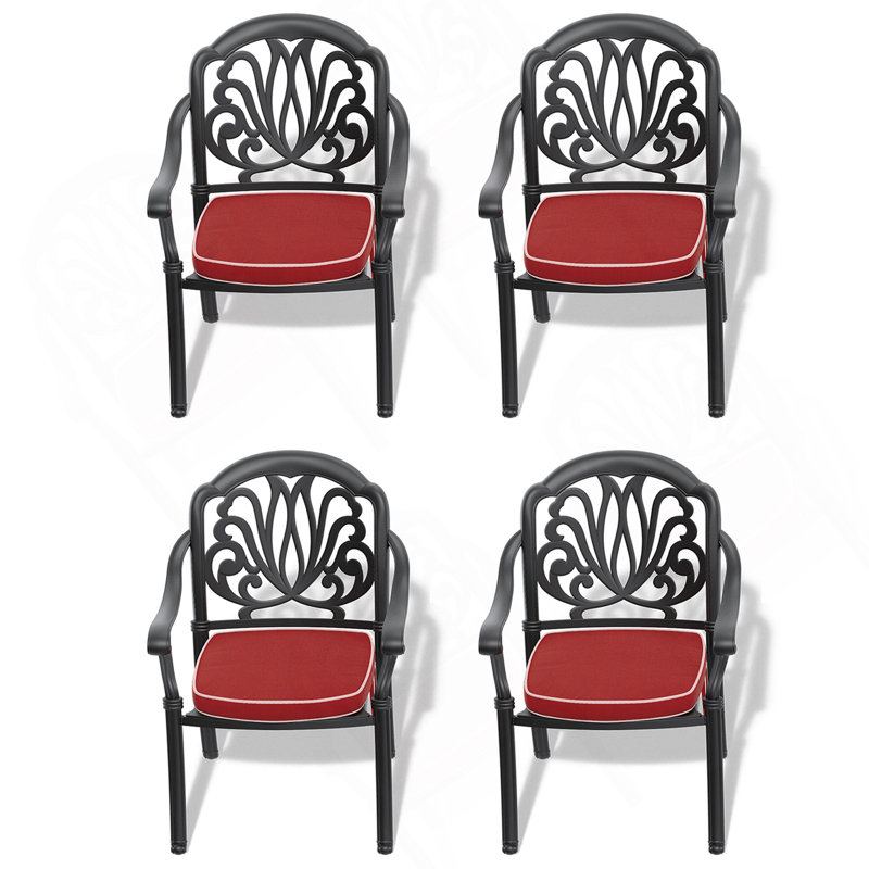 Chaise de patio en fonte d'aluminium 4 pièces avec structure noire et coussins de couleurs aléatoires