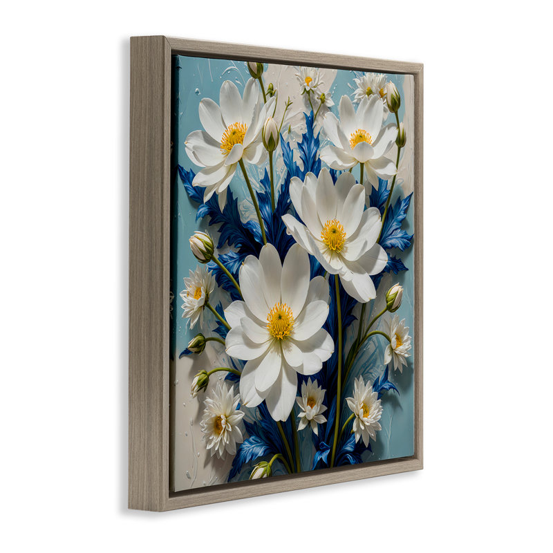 «Magnolias & Blue Florals», art mural sur toile flottante gris par Yuri Khrushch, Cadre flottant orme Montalcino