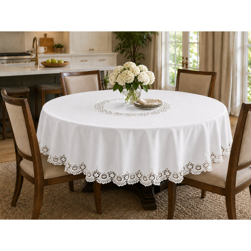 (Nappe ronde 60 po) - dentelle blanche / brun, Blanc