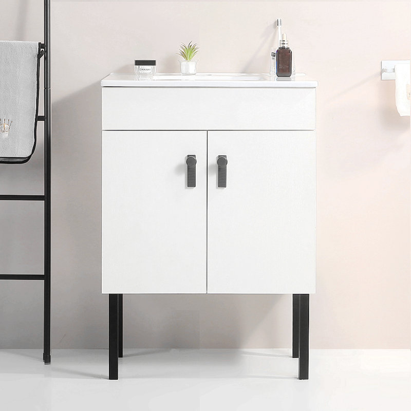Meuble-lavabo autoportant, 2 portes à fermeture douce, contreplaqué (à l'exception du lavabo), Blanc