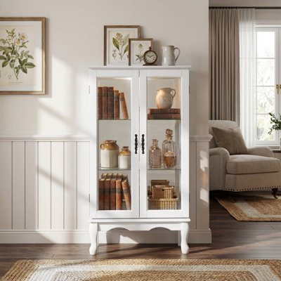 Cabinet Curio avec tablettes réglables et panneau arrière en miroir, portes en verre trempé (blanc, 3 niveaux)