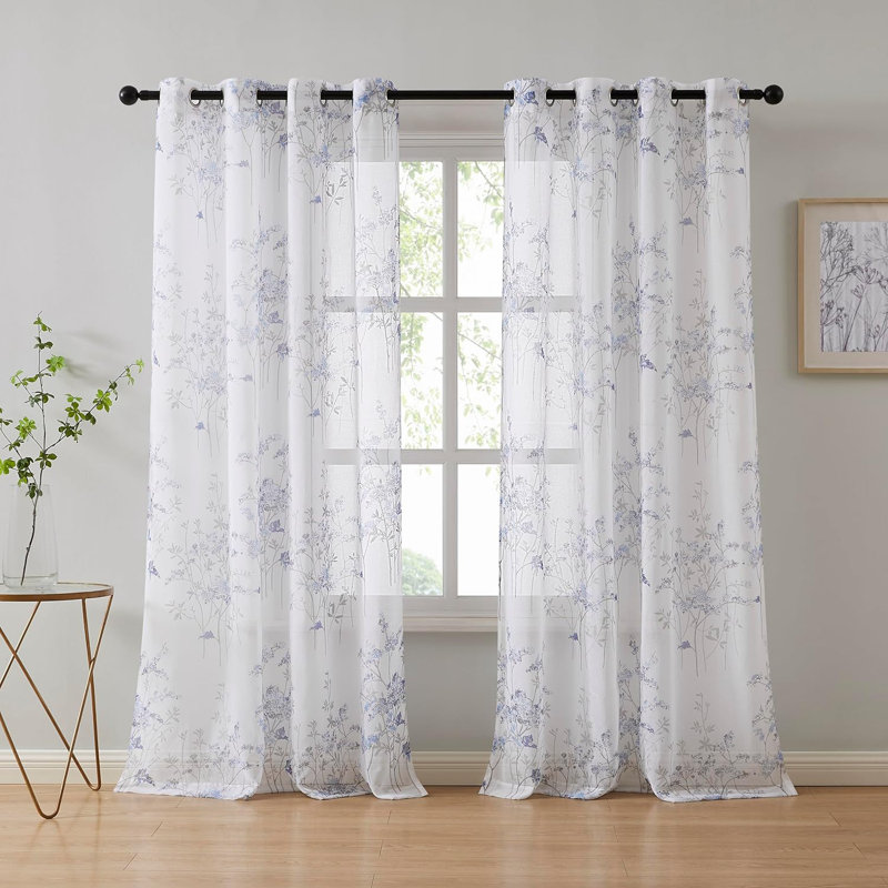 Magnifiques rideaux à motif floral boho pour le salon en 4, Bleu, L 54 po x L 84 po
