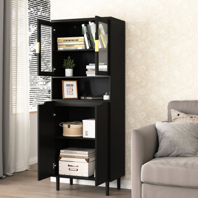Armoire noire à 4 portes avec vitres trempées - Étagères réglables pour chambre et salon, bibliothèque haute peinte en noir, 4 portes.