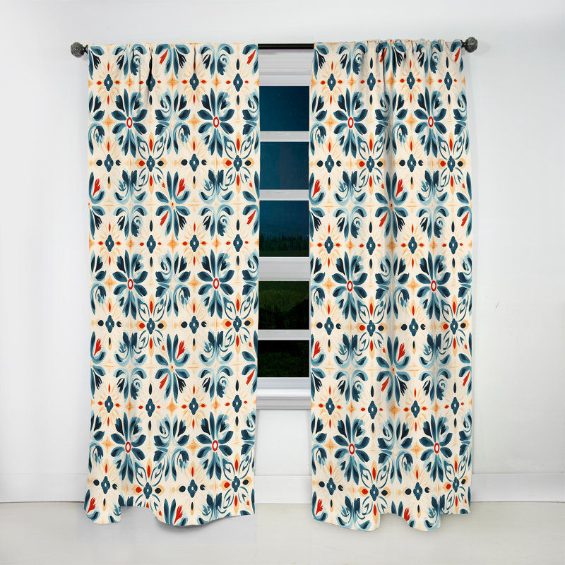 Rideau obscurcissant damassé marocain beige et bleu - 1 panneau, L 52 po x L 108 po