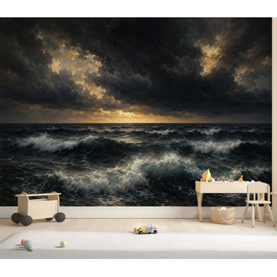Wall Mural Peel and Stick Wallpaper Dramatic Ocean Waves Under Stormy Sky Sunset Self-Adhesive Removable Contact Paper Wall Decor for Living Room Bedroom 69"H x 96"W