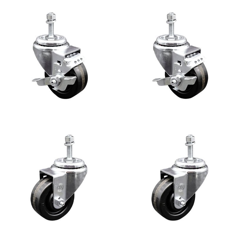 Ensemble de roulettes à tige filetée pivotante de 3 pouces, 10 mm et 2 freins SCC