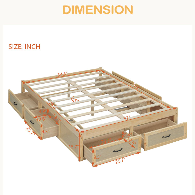 Lit plateforme avec 6 tiroirs de rangement, Naturel antique, Lit double