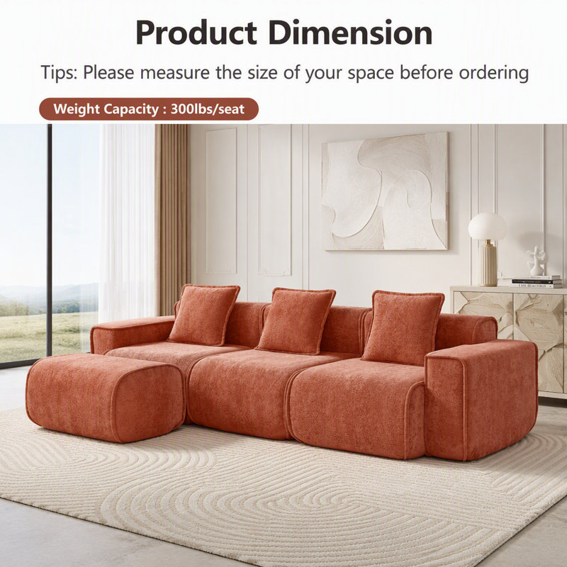 Canapé 3 pièces en forme de L avec repose-pieds et sans assemblage, 3-Seater & 1-Ottoman, Rouge