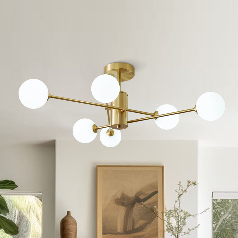 Plafonnier semi-encastré 6 lumières en verre givré, Doré