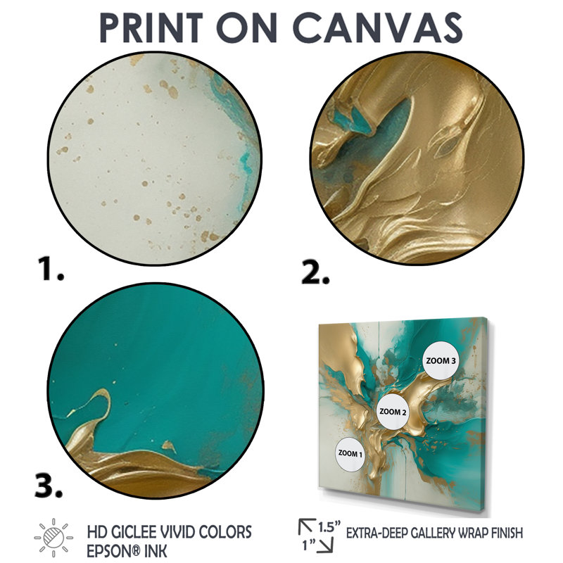 Gold And Turquoise Marble Fuild Ink II - Abstract Marble Canvas Print, 44" H x 44" W, Wrapped Canvas