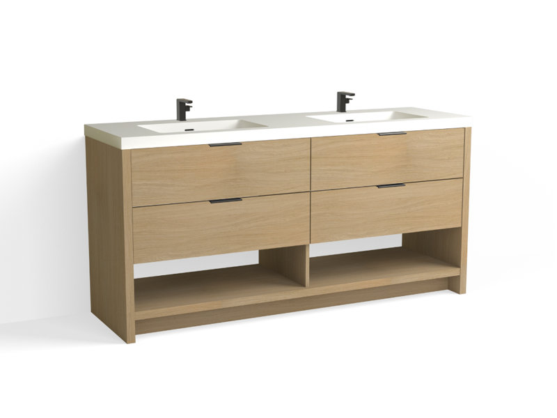 Vue 72" W Freestanding Double Bathroom Vanity, Biondo, Polished Nickel, Matte White/8" Widespread
