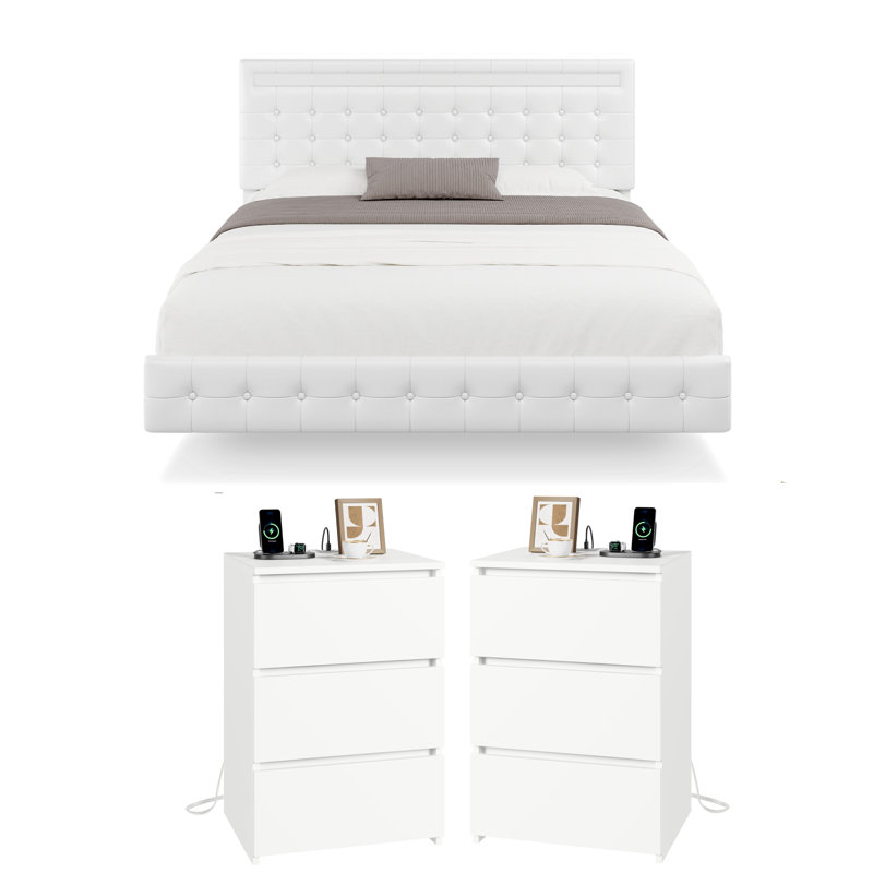 Ensemble de chambre à coucher avec lit rembourré Kinzli, Double, Blanc
