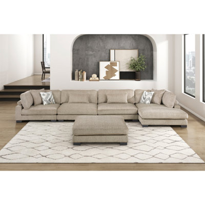Contemporary 5-Piece Modular Sectional Sofa Chaise Ottoman Brown Plush Comfortable Pillows Upholstered Solid Wood Living Room Furniture