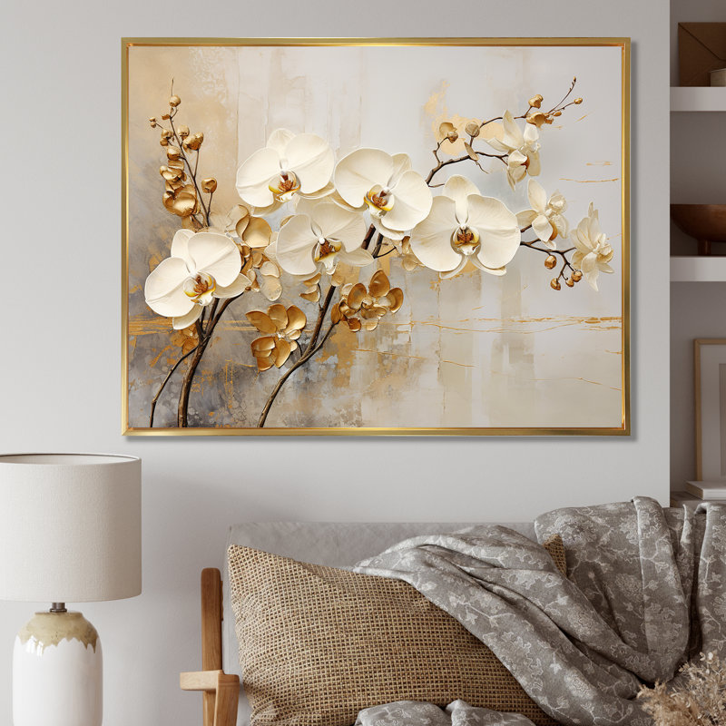Minimalisme beige et orchidées dorées - impressions sur toile orchidées, H 12 po x l 20 po, Reproduction avec cadre flottant
