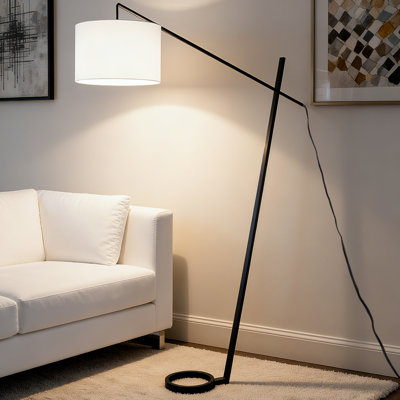 Lampe sur pied arquée moderne avec base circulaire en anneau et abat-jour tambour en tissu, gris métallique