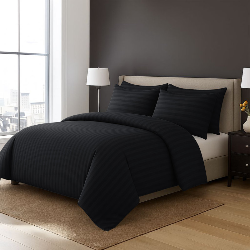 4-Piece Striped High Quality Duvet Cover Set with Fitted Sheet & 2 Pillowcases , Black