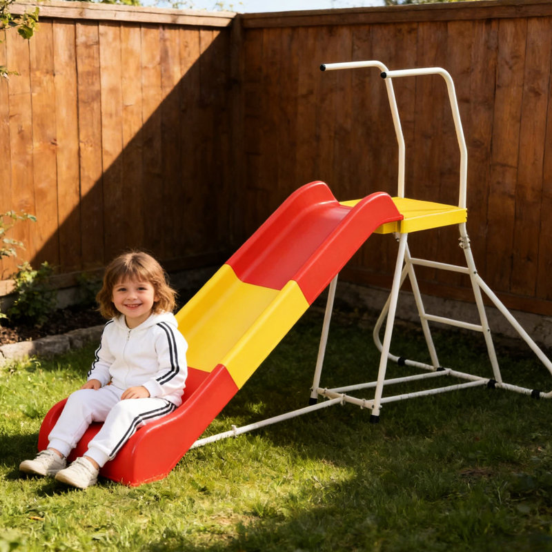 Glissade, distance de 6 pi, fabrication en métal avec support stable, revêtement thermolaqué et pente douce sécuritaire, conforme aux normes, installation facile et rapide pour glissade de 3 à 8 ans, aire de jeu autoportante
