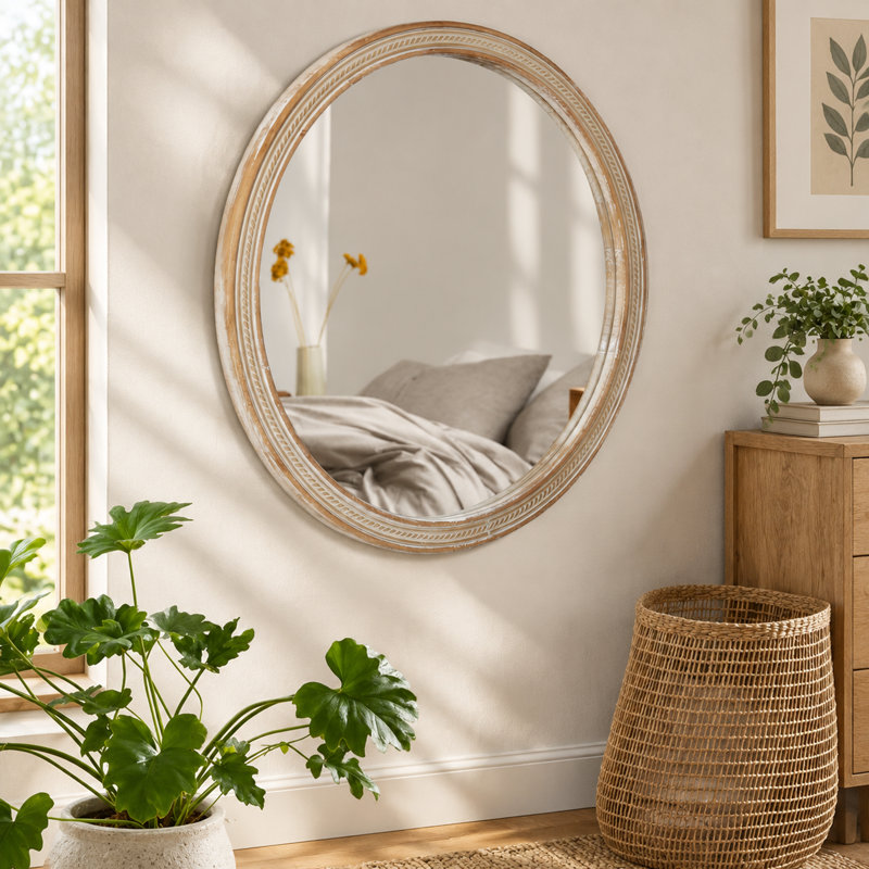Miroir mural rond rond avec cadre en rotin tissé, Bois naturel