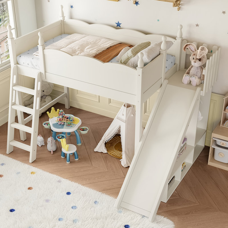 Wooden Loft Bed with Shelves, Wardrobe & Detachable Slide, Beige, Twin