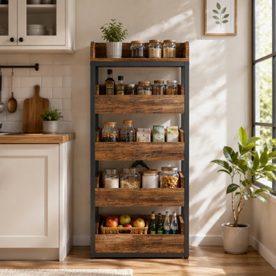 Étagère de rangement en bois pour fruits et légumes avec cinq tiroirs pour l'organisation de la cuisine