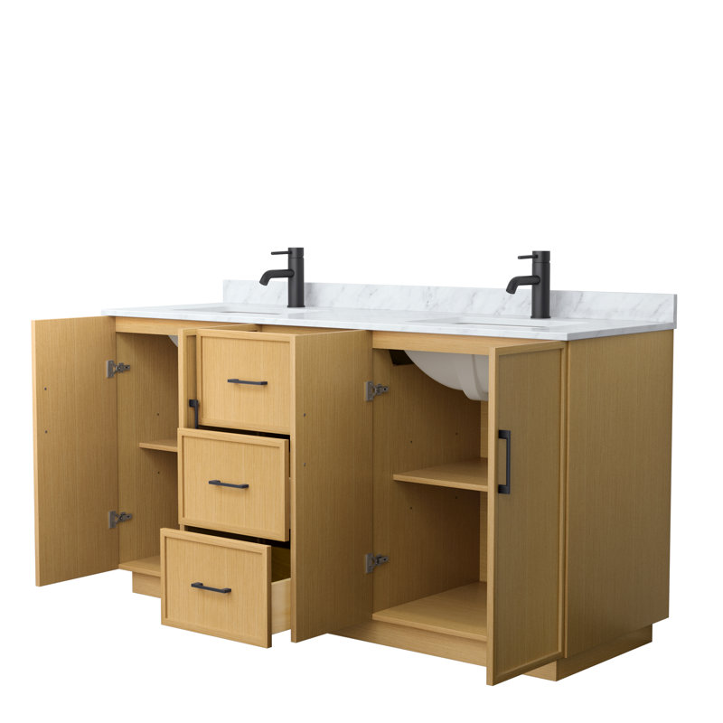 Elan TK 66" Freestanding Double Bathroom Vanity with Marble Top, Light Oak, Matte Black