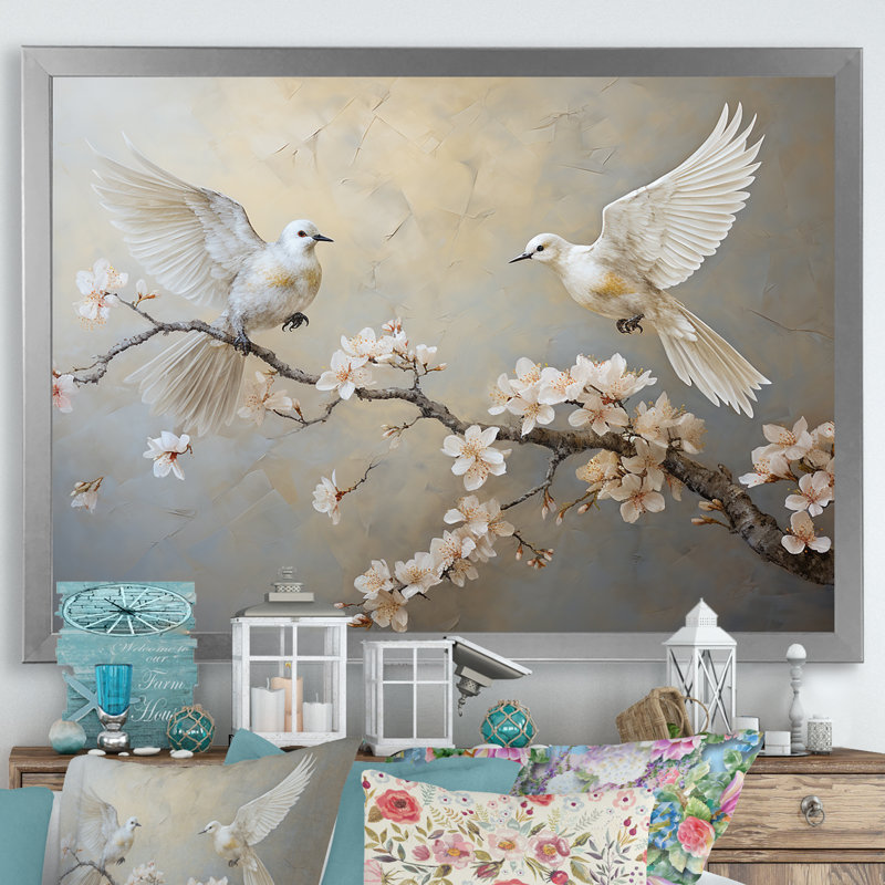 «White and Grey Birds Floral Serenity I», art mural oiseau, Cadre de coin argenté fermé, H 12 po x l 20 po x P 1 po