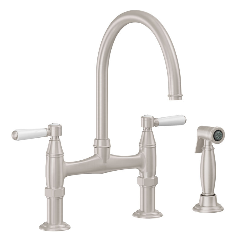 Davoli Bridge Kitchen Faucet, Satin Nickel, With Side Spray, 35 Series Metal Lever