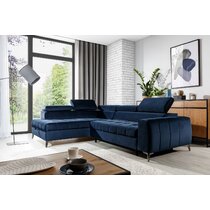 Ecksofa mit Schlaffunktion - Ecke rechts - Samt - Blau - PADRU günstig  online kaufen