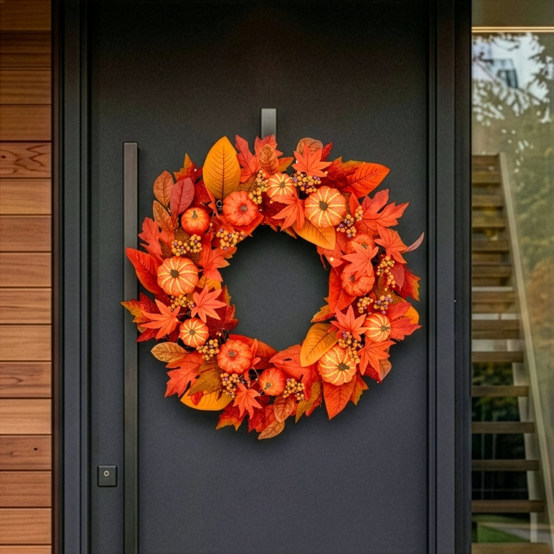 PUMPKIN ORCHARD - 26" Wreath with Warm White LED Microbulbs 