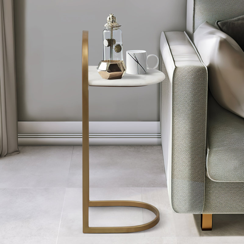 26"H Gold Metal C-Table with Abstract Marble Top: A Glamorous and Unique Accent Table for Your Living Room or Bedroom