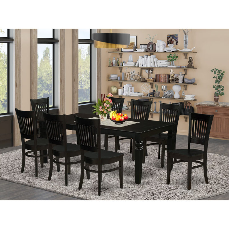 Ensemble de table et chaises de cuisine 9 pièces comprenant une table de salle à manger rectangulaire avec rallonge papillon et 8 chaises en bois massif, noir