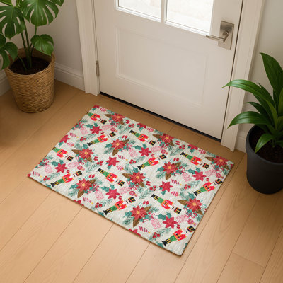 Premium Machine Washable Dockside AMF1822 Nutcracker and Poinsettia Rug
