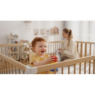 Parc pour bébé en bois de pin naturel avec jouets Montessori, aire de jeu en bois à 10 panneaux pour tout-petits, grande clôture pour bébé de 96 po x 64 po avec verrou de sécurité