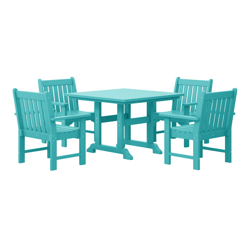 Laguna Poly 5-Piece Square Table Garden Arm Chair Dining Set, Turquoise