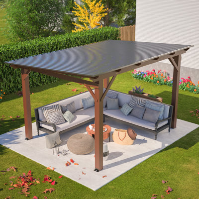 Pavillon de jardin en bois de 13 x 13 pi avec toit en métal, abri de barbecue à toit incliné pour la fête sur le patio