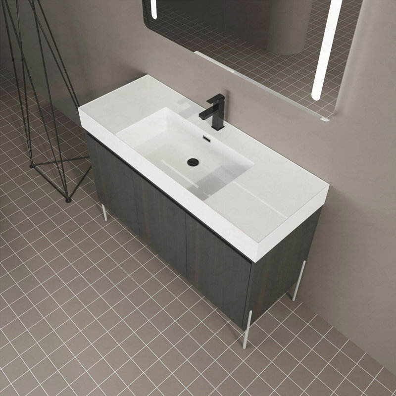 Meuble-lavabo autoportant avec lavabo en résine, armoire de rangement avec portes à fermeture douce, 48"