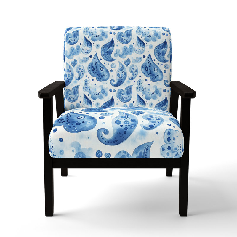 Chaise rembourrée Boho - bleu et blanc, Accoudoirs carrés noirs