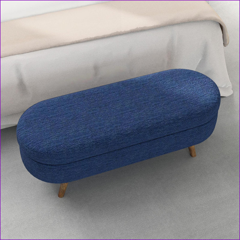 Banc de rangement repose-pieds ovale, lin bleu marine, pieds en bois d'hévéa, 43,5 po x 16 po x 16 po - Repose-pieds / siège | Brun | Bois