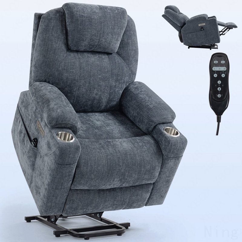 Fauteuil inclinable électrique Blue Lift en chenille - massage 8 points, chauffage lombaire, USB / Type-C, porte-gobelets en acier