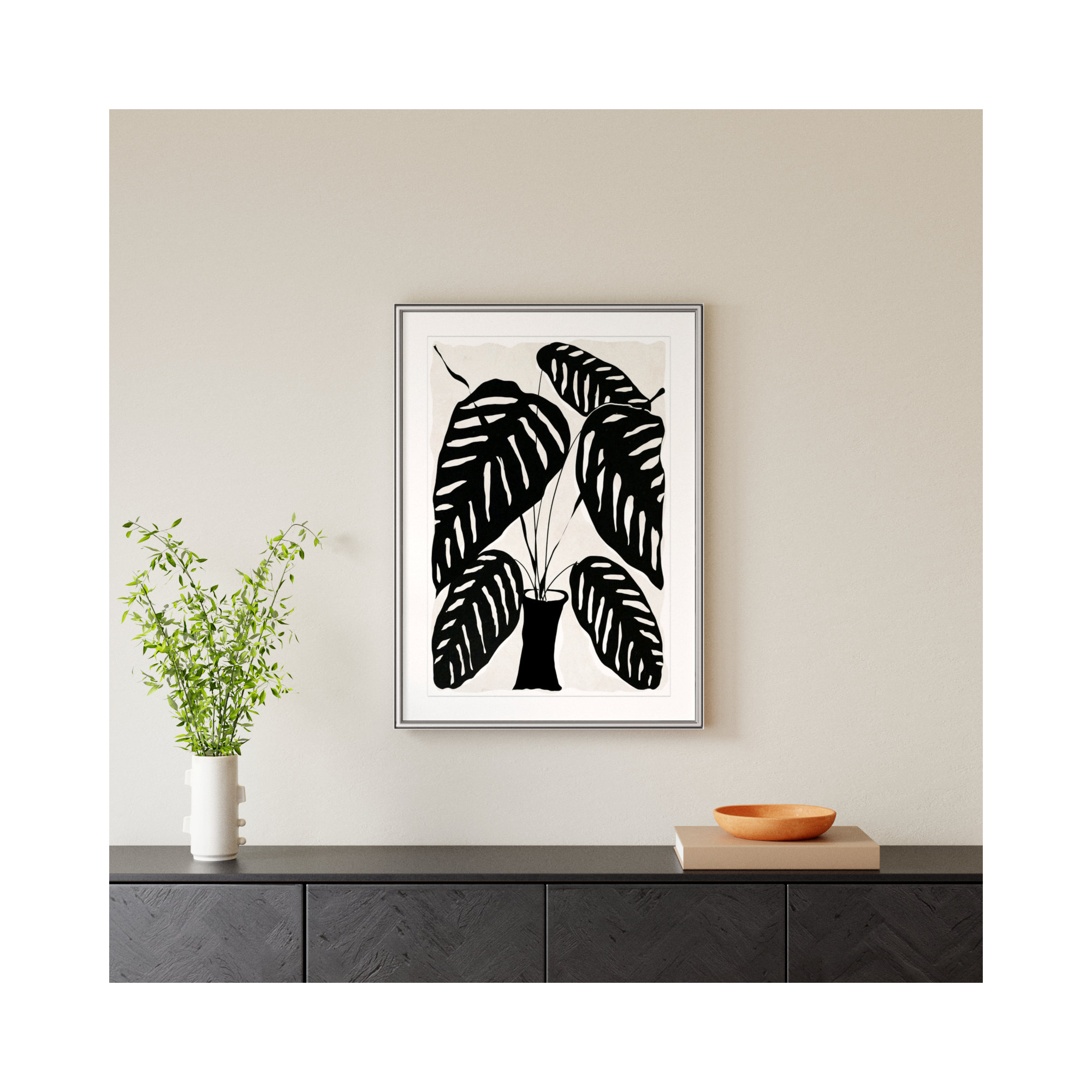 Black And White Potted Plant I by Daniela Santiago, 36.75" H x 26.75" W x 0.88" D, Silver Framed