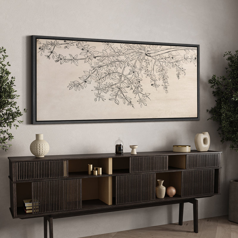 «Botanical S croquis», délicate ligne de fleurs et feuilles encadrée sur toile, H 30 po x l 60 po, Noir, noir, noir, noir